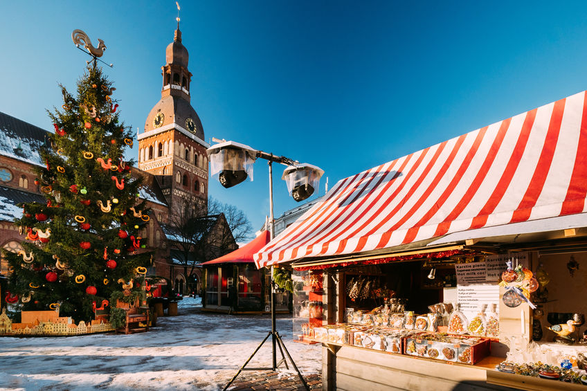 Christmas Market On Dome Square With Riga Dome Cathedral In Riga
